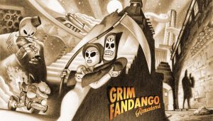 Manny Calavera con su guadaña abrazando a Meche